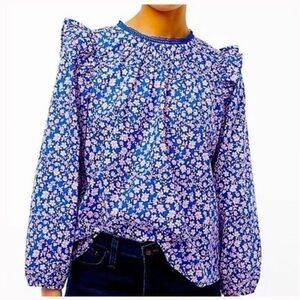 J. Crew Ruffled Floral Blouse, size medium long sleeve floral print crochet top.